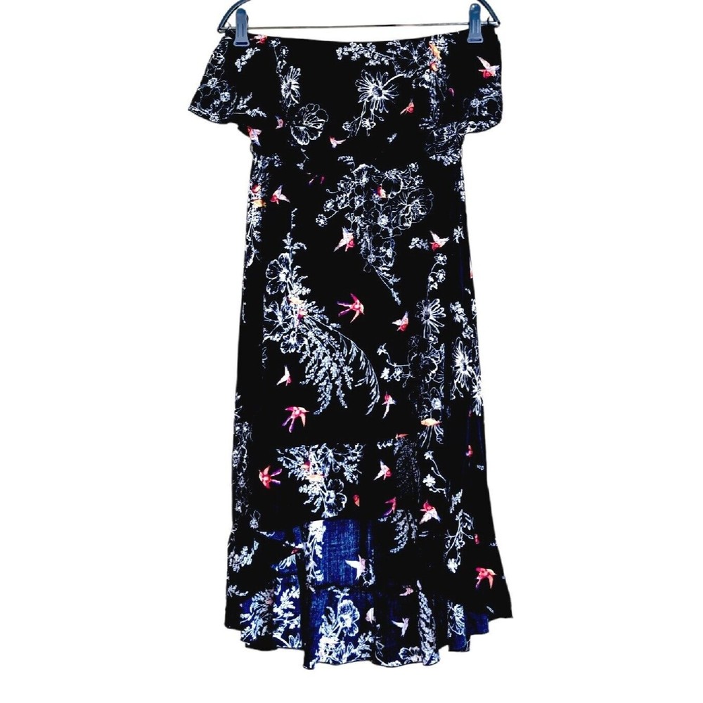 American Rag CIE Off the Shoulder Ruffle High Low Midi Bardot Black Dress